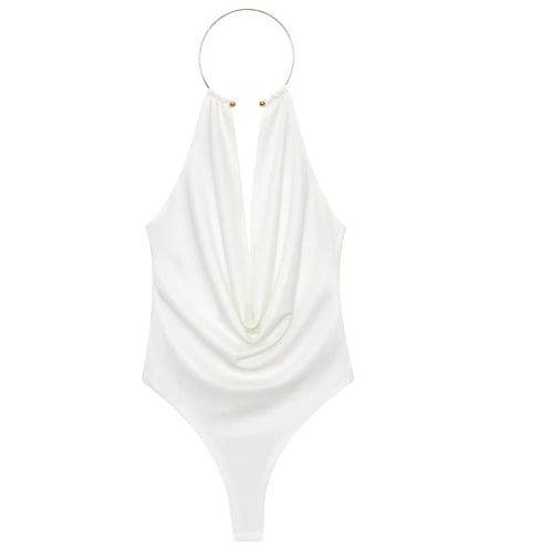Halter Neck Bodysuits Sexy Summer off Shoulder Bodysuit Women Brown Top Ruched Ring Backless Thong Bodysuit Woman One Piece