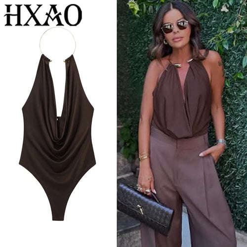 Halter Neck Bodysuits Sexy Summer off Shoulder Bodysuit Women Brown Top Ruched Ring Backless Thong Bodysuit Woman One Piece