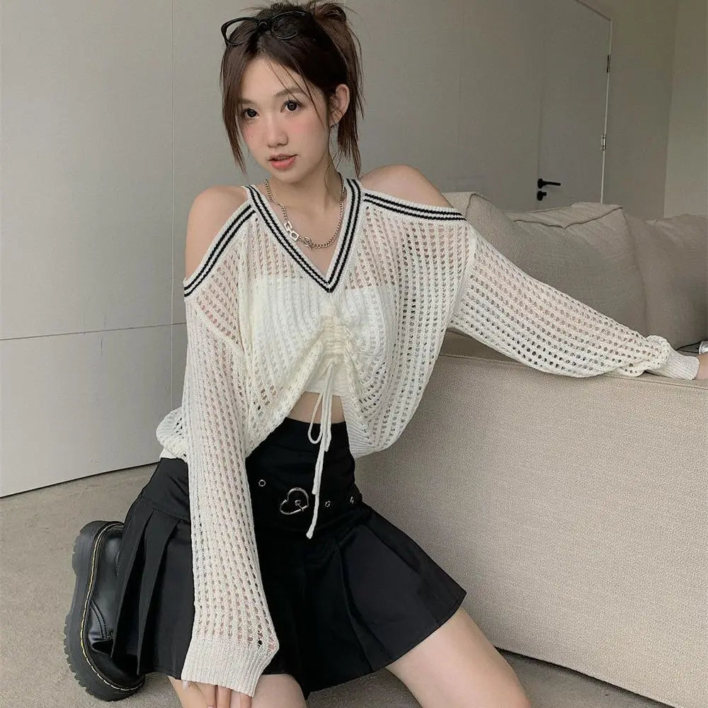 Off Shoulder Hollow Out Shirts Blouses Elegant and Youth Woman Blouse Drawstring Knitted V Neck Tops Vintage Y2K 2022 Fashion
