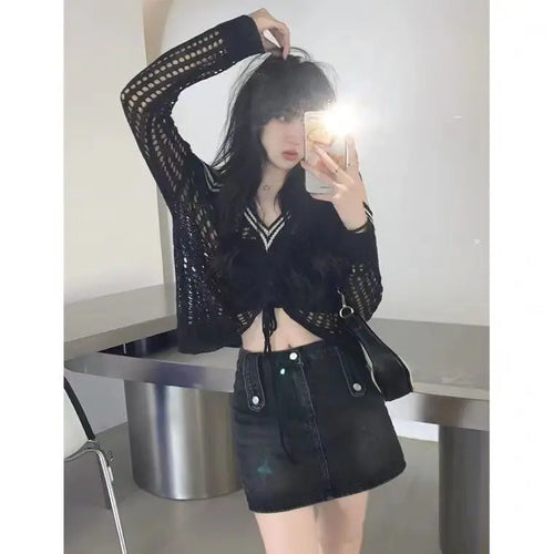 Off Shoulder Hollow Out Shirts Blouses Elegant and Youth Woman Blouse Drawstring Knitted V Neck Tops Vintage Y2K 2022 Fashion