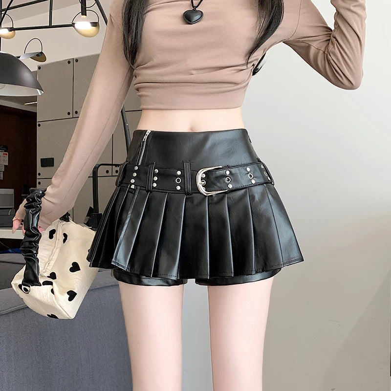 Women'S Black Gothic A-Line Pleated Leather Skirt Y2K Mini Shorts Skirts Harajuku Korean Emo Skirt 2000S Vintage Clothes Summer